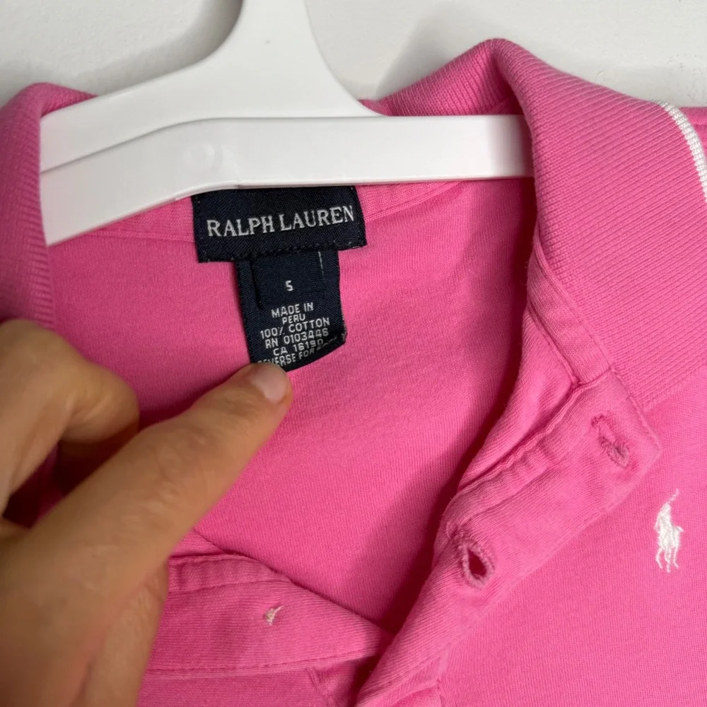 A19 Ralph Lauren Girls Pink Cotton Pique Polo Shirt White Tipped Dress Size 5
